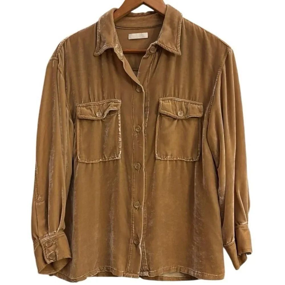 Sablyn Women's Velvet Silk Golden Brown Luxe Minimalist Button Down Shirt Small
